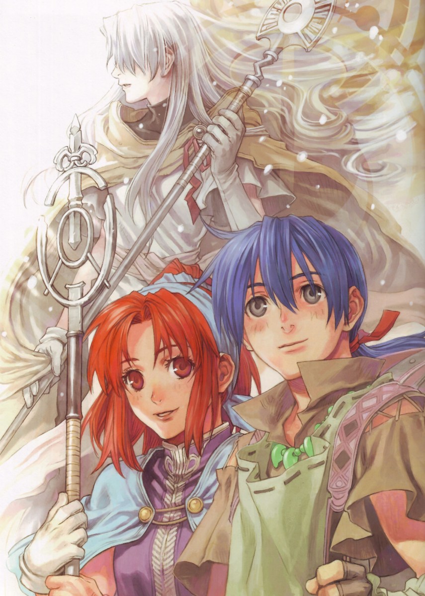 iwasaki minako, chris (eiyuu densetsu), gueld, gueld (eiyuu densetsu), jurio, jurio (eiyuu densetsu), eiyuu densetsu, shiroki majo, highres, 1boy, 2girls, blue hair, fantasy, multiple girls, red hair, staff