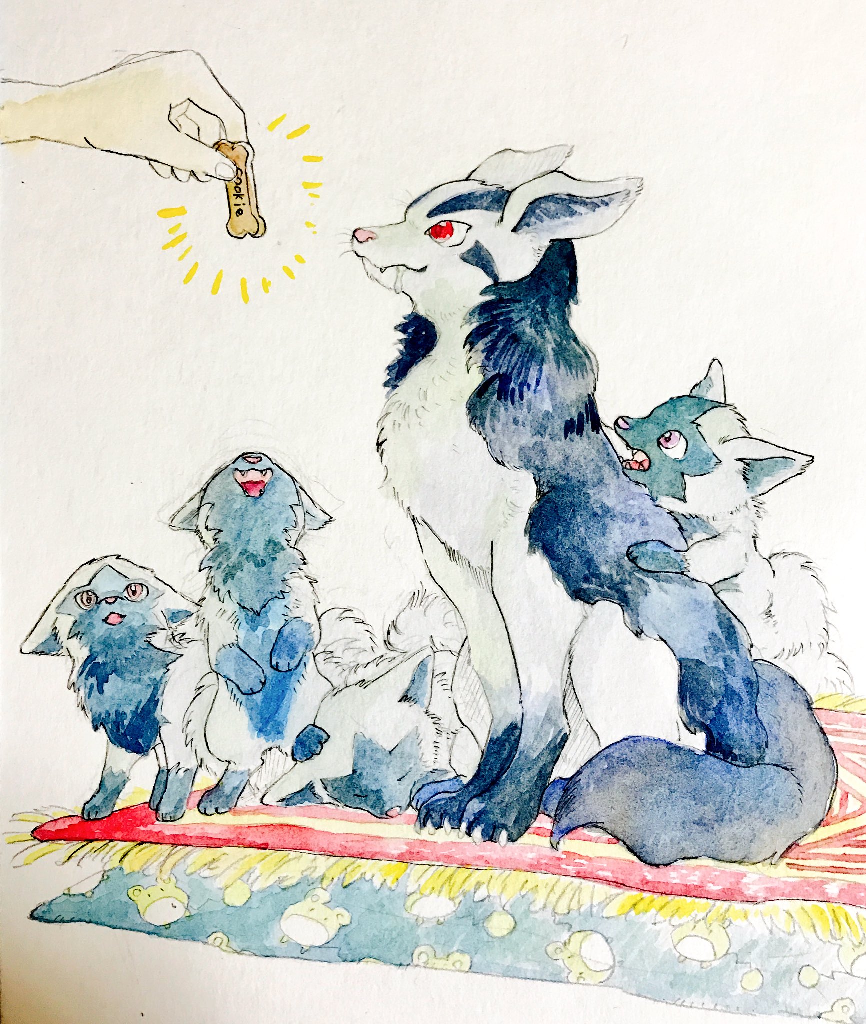 mint nappa, mightyena, poochyena, nintendo, pokemon, commentary request, highres, painting (medium), traditional media, watercolor (medium), animal focus, dog treat, drooling, emphasis lines, evolutionary line, gen 3 pokemon, open mouth, out of frame, pokemon (creature), red eyes, rug