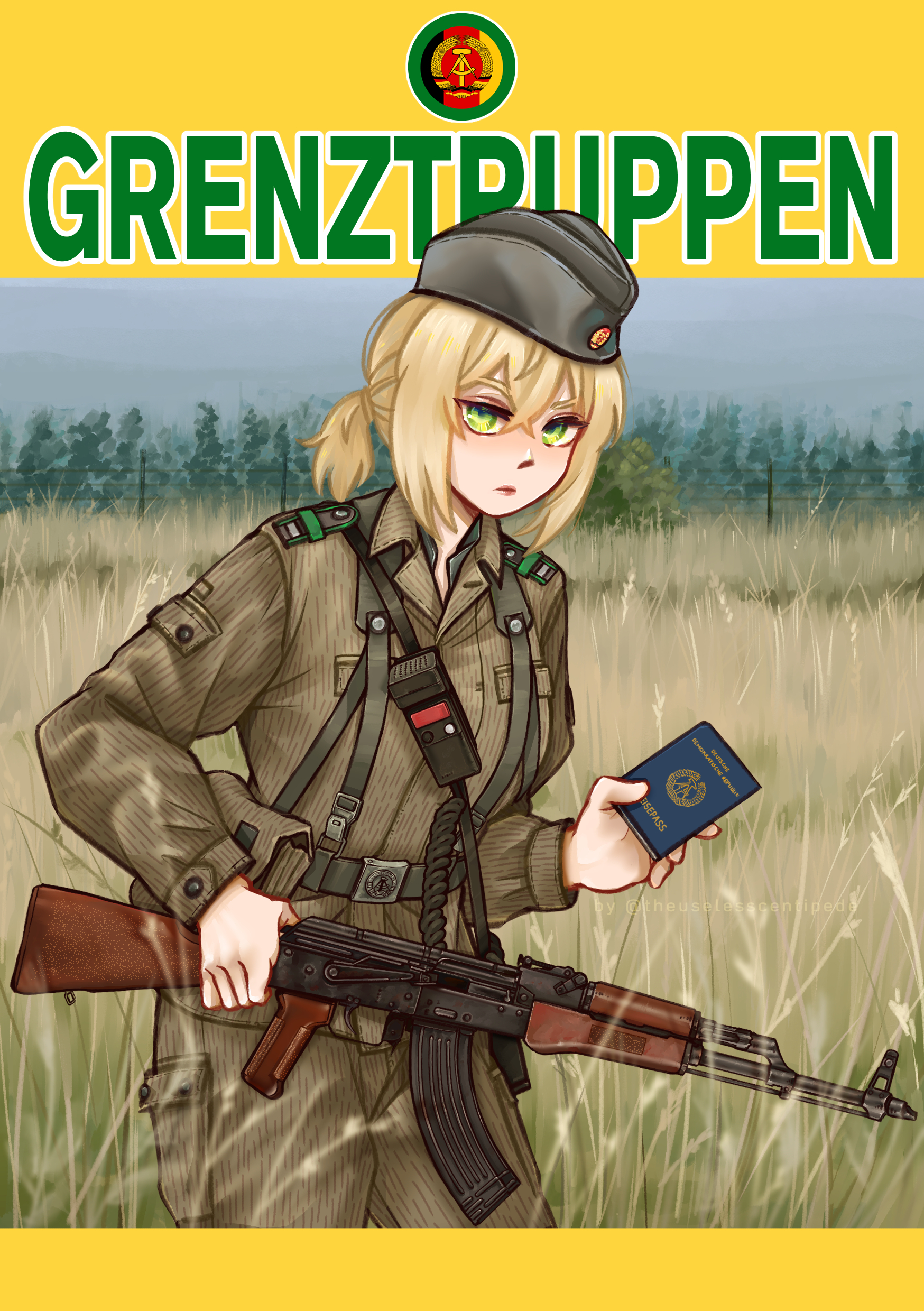 useless centipde, original, highres, 1girl, akm, assault rifle, barbed wire, belt, belt buckle, belt pouch, blonde hair, buckle, camouflage, camouflage jacket, camouflage pants, document, east germany, fence, field, forest, garrison cap, german text, grass, green eyes, gun, hat, holding, holding gun, holding weapon, jacket, kalashnikov rifle, military combat uniform, military uniform, mpi-km, nationale volksarmee, nature, pants, ponytail, pouch, rifle, sidelocks, strichtarn, tall grass, weapon, wire fence