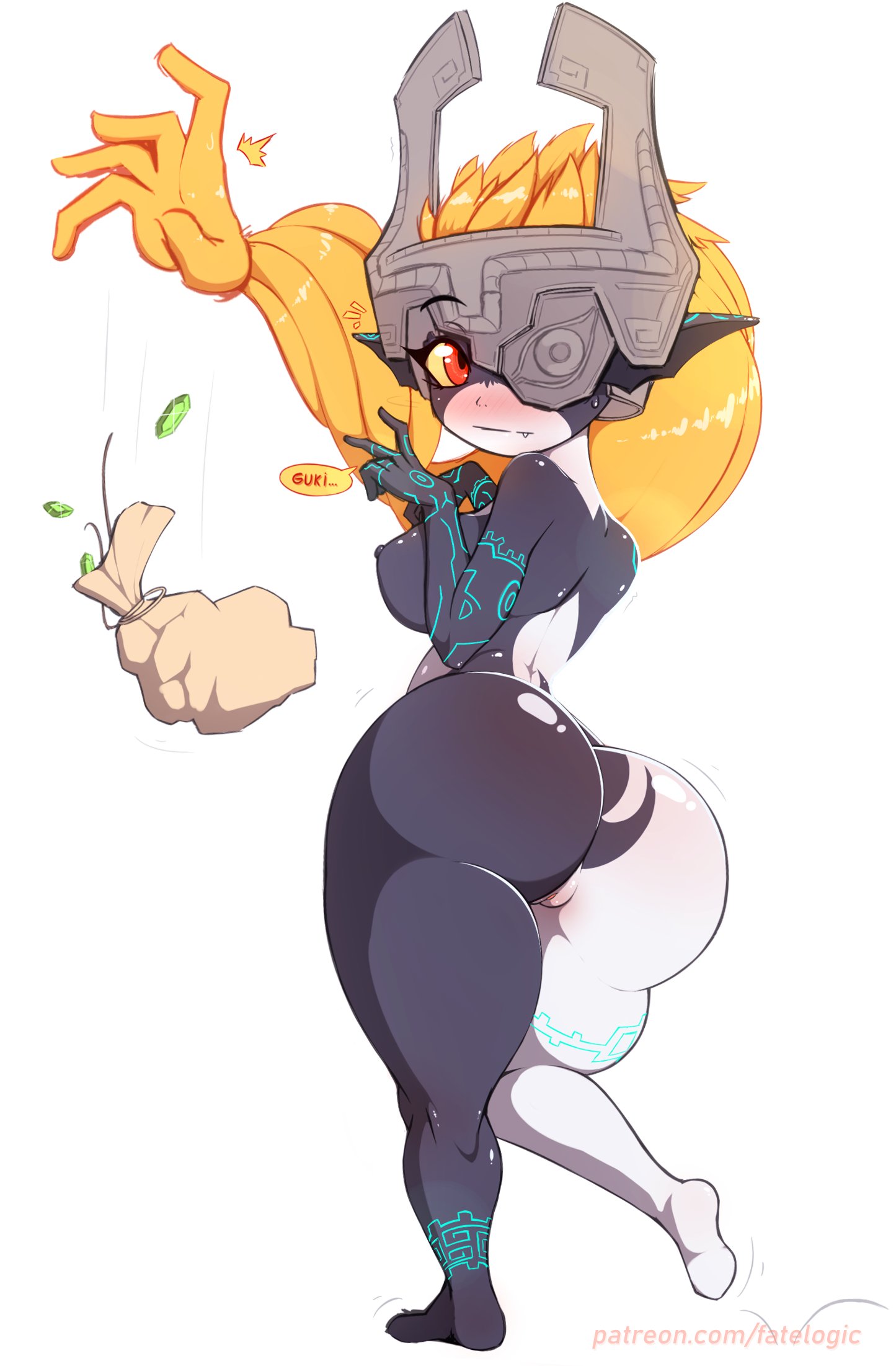 fatelogic, midna, nintendo, the legend of zelda, the legend of zelda: twilight princess, highres, 1girl, ass, blush, breasts, colored sclera, completely nude, curvy, fang, female focus, from behind, full body, huge ass, large breasts, long hair, nude, orange hair, pointy ears, pussy, red eyes, rupee (zelda), solo, thick thighs, thighs, wide hips, yellow sclera