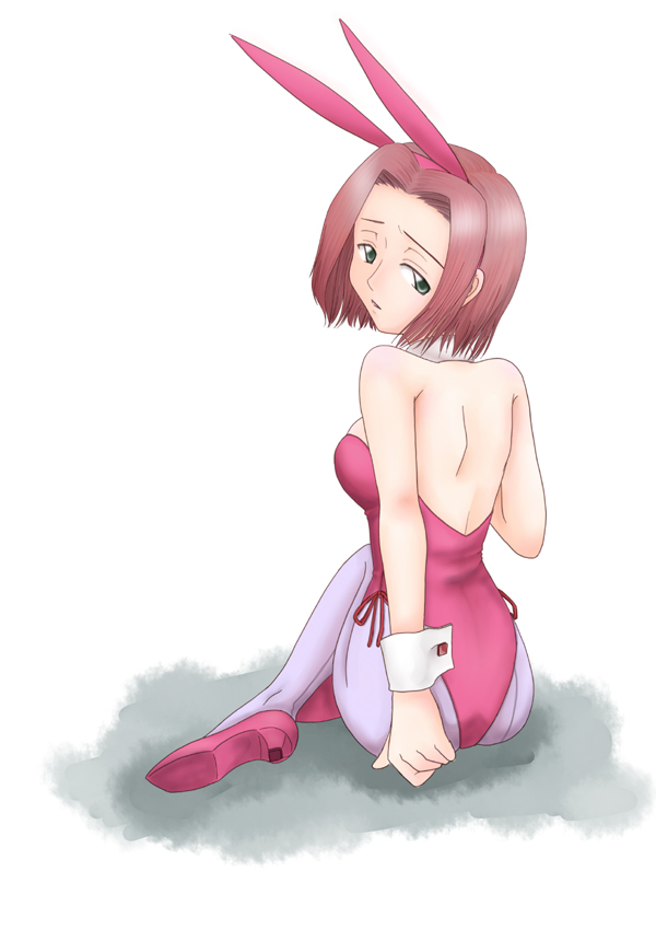 kouzuki kallen, code geass, 00s, animal ears, back, backless leotard, fake animal ears, high heels, leotard, looking back, pantyhose, pink pantyhose, playboy bunny, rabbit ears, red hair, shoes, short hair, solo