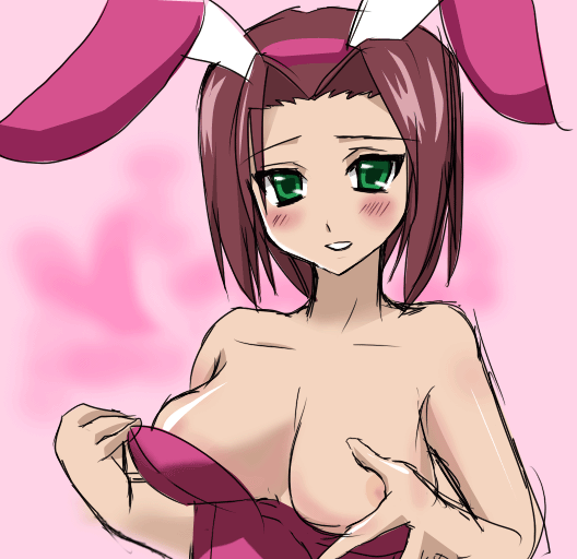 fuurin kingyou, kouzuki kallen, code geass, bad id, bad pixiv id, 00s, 1girl, animal ears, blush, breasts, cleavage, fake animal ears, female focus, grabbing another's breast, groping, large breasts, leotard, playboy bunny, rabbit ears, red hair, short hair, solo