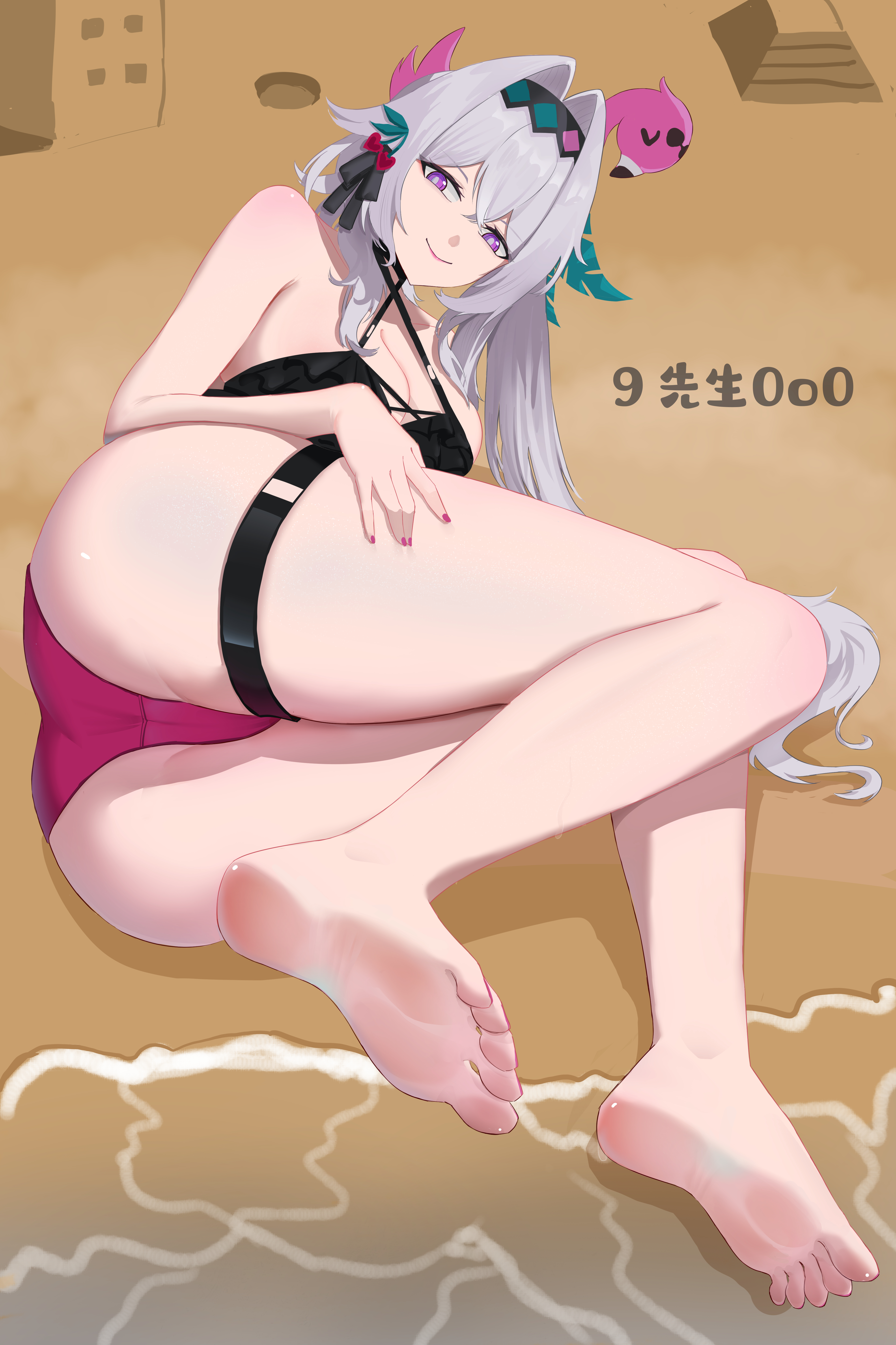 9xiansheng0o0, thelema nutriscu, honkai (series), honkai impact 3rd, absurdres, highres, 1girl, barefoot, beach, bikini, feet, grey hair, long hair, looking at viewer, lying, on side, purple eyes, smile, soles, swimsuit, toes