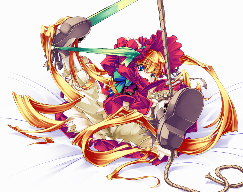 sasa ichi, shinku, rozen maiden, 00s, 1girl, bdsm, bed, blonde hair, bloomers, blue eyes, bondage, bound, bow, female focus, hat, legs up, long hair, lying, ribbon, ribbon bondage, rope, shoes, solo, spread legs, underwear