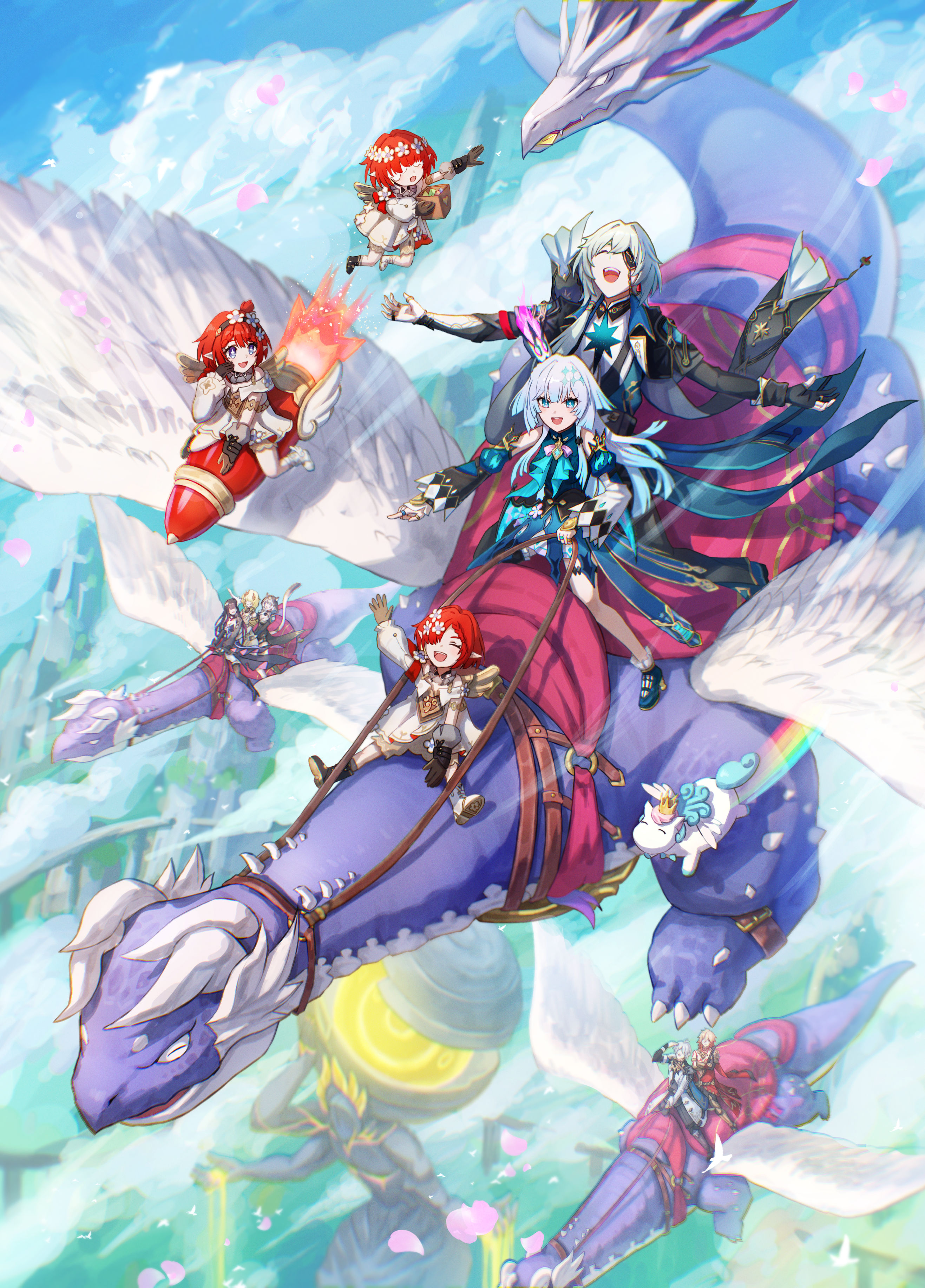 isome, aglaea (honkai: star rail), cerydra (honkai: star rail), cipher (honkai: star rail), hysilens (honkai: star rail), little ica (honkai: star rail), mydei (honkai: star rail), phainon (honkai: star rail), pollux (honkai: star rail), trianne (honkai: star rail), tribbie (honkai: star rail), trinnon (honkai: star rail), honkai: star rail, honkai (series), absurdres, commentary request, highres, 3boys, 6+girls, angel wings, black coat, blue dress, blue eyes, blue hair, blue sky, box, cat girl, cat tail, chrysos heirs (honkai: star rail), coat, crown, dragon, dress, dromas (honkai: star rail), eyepatch, holding, holding box, holding reins, kephale (honkai: star rail), laughing, midair, multiple boys, multiple girls, outdoors, red hair, reins, riding, riding animal, rocket ship, short hair, sky, spacecraft, tail, white dress, wings