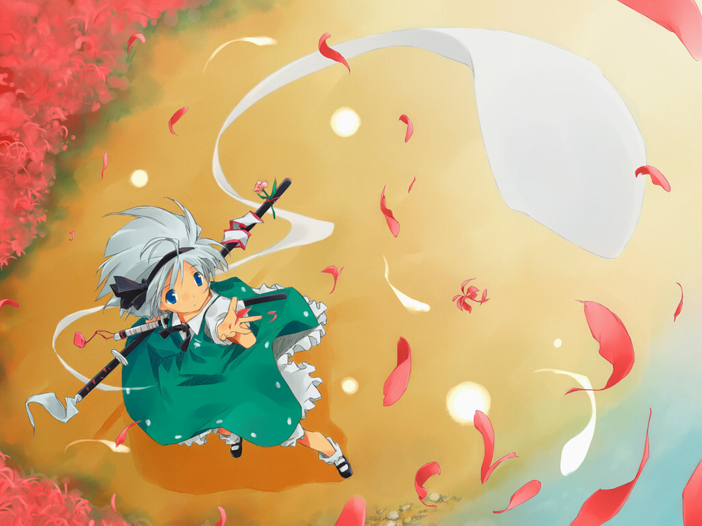 asoka, konpaku youmu, konpaku youmu (ghost), touhou, silver hair, bad id, bad pixiv id, 1girl, blue eyes, dress, female focus, flower, from above, hairband, headband, hitodama, katana, mary janes, petals, sheath, sheathed, shoes, socks, solo, sword, weapon