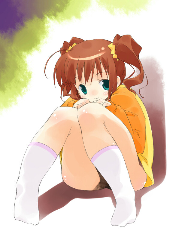 asoka, takatsuki yayoi, idolmaster, idolmaster (classic), idolmaster 1, 00s, bottomless, brown hair, green eyes, raglan sleeves, sitting, smile, socks, solo, twintails