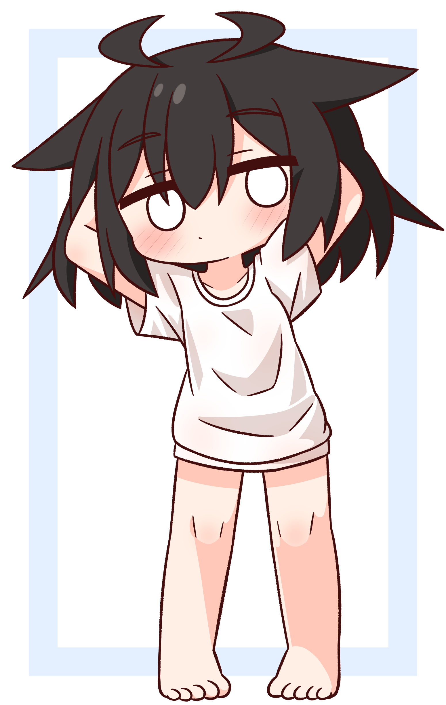 hana kazari, original, absurdres, commentary request, highres, 1girl, antenna hair, arms behind head, bare legs, barefoot, black hair, blank eyes, blue border, blush, border, closed mouth, collarbone, full body, looking at viewer, no pants, shirt, short hair, short sleeves, simple background, solo, standing, t-shirt, white background, white shirt