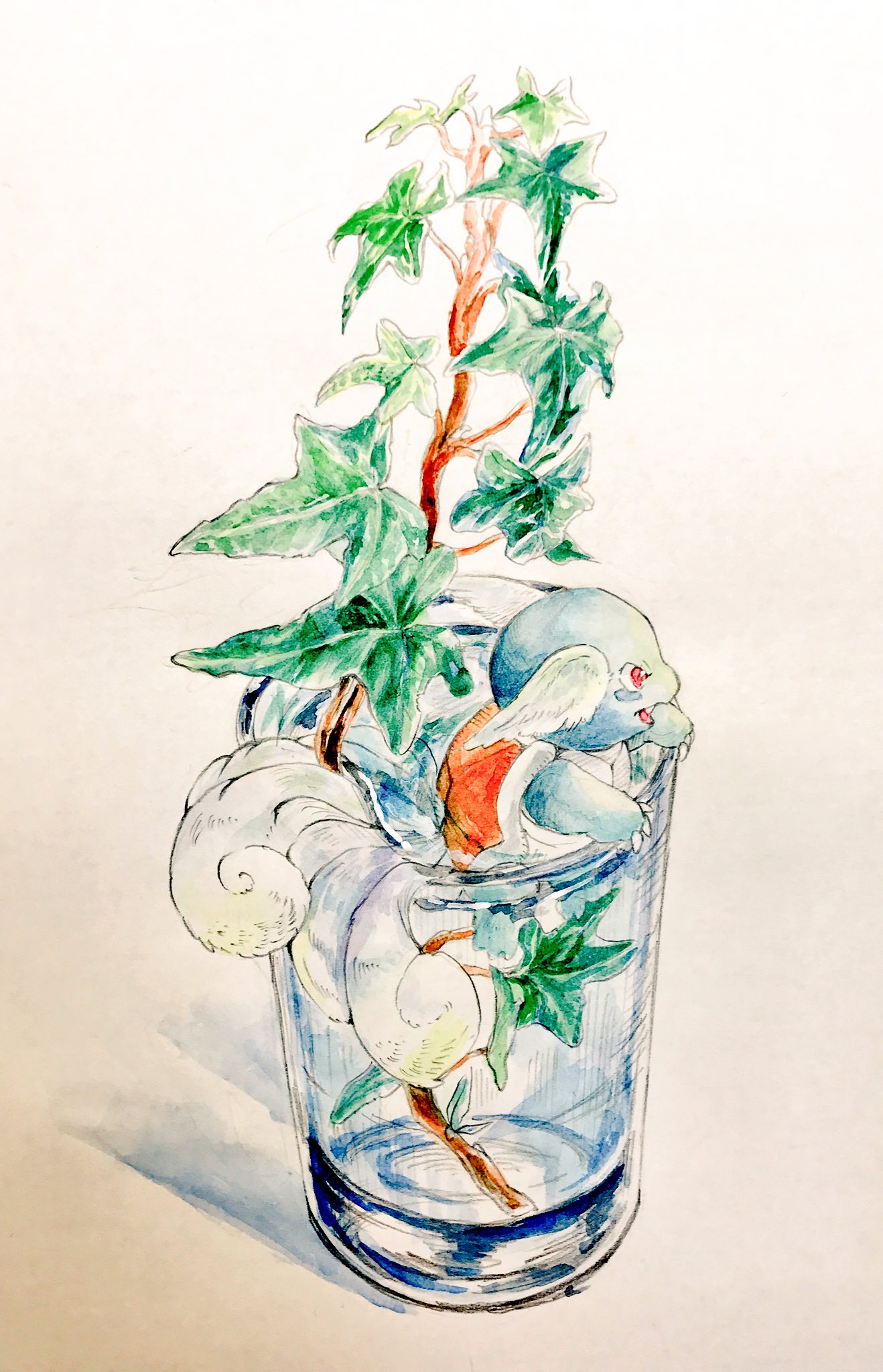 mint nappa, wartortle, nintendo, pokemon, commentary request, highres, painting (medium), traditional media, watercolor (medium), animal focus, branch, claws, cup, full body, gen 1 pokemon, in container, in cup, leaf, no humans, open mouth, red eyes, simple background, solo, white background
