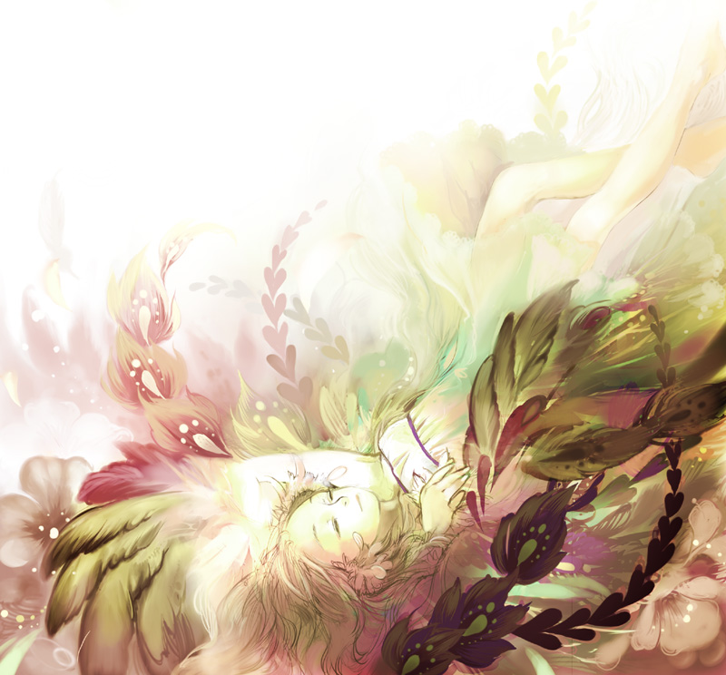 deri (dericom), original, 1girl, blonde hair, dress, feathers, female focus, flower, long hair, lying, solo, wings