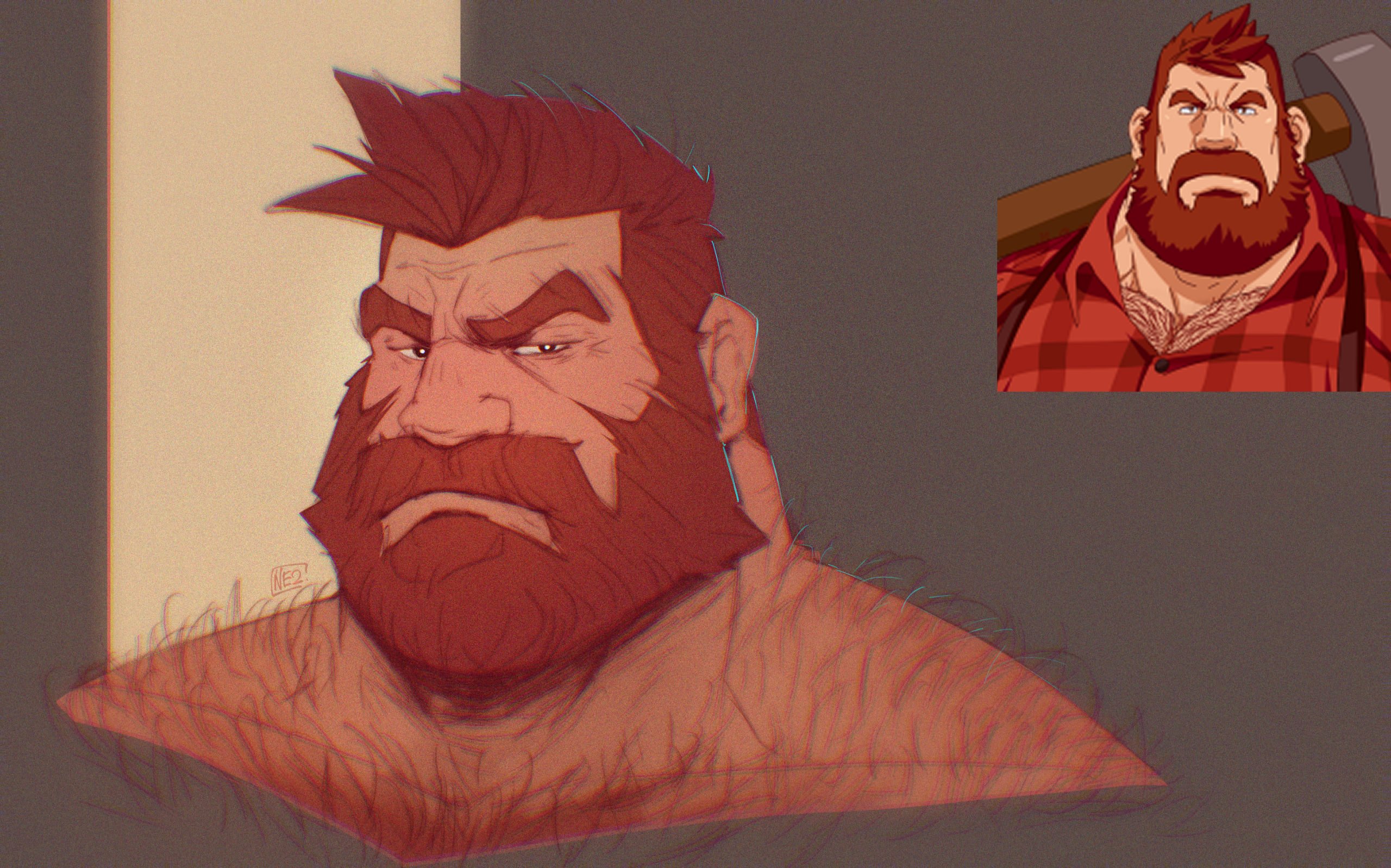 mr nellory, logan (lustful desires), lustful desires, commentary, english commentary, highres, 1boy, bara, beard, body hair, closed mouth, facial hair, full beard, looking at viewer, male focus, muscular, muscular male, red hair, reference inset, topless male, upper body, very hairy