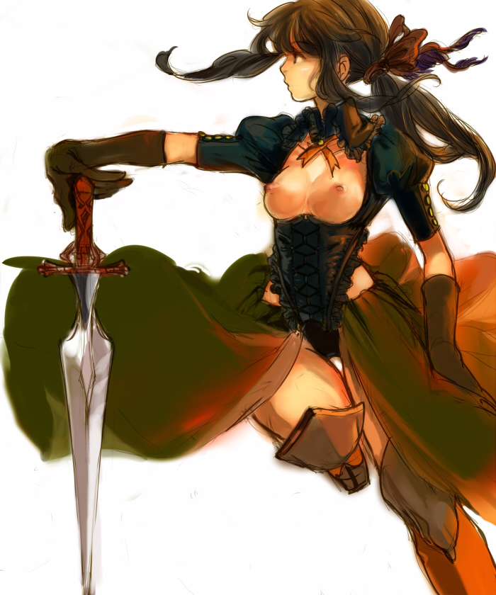 deri (dericom), 1girl, boots, breasts, elbow gloves, female focus, gloves, medium breasts, nipples, ponytail, ribbon, solo, sword, topless female, weapon