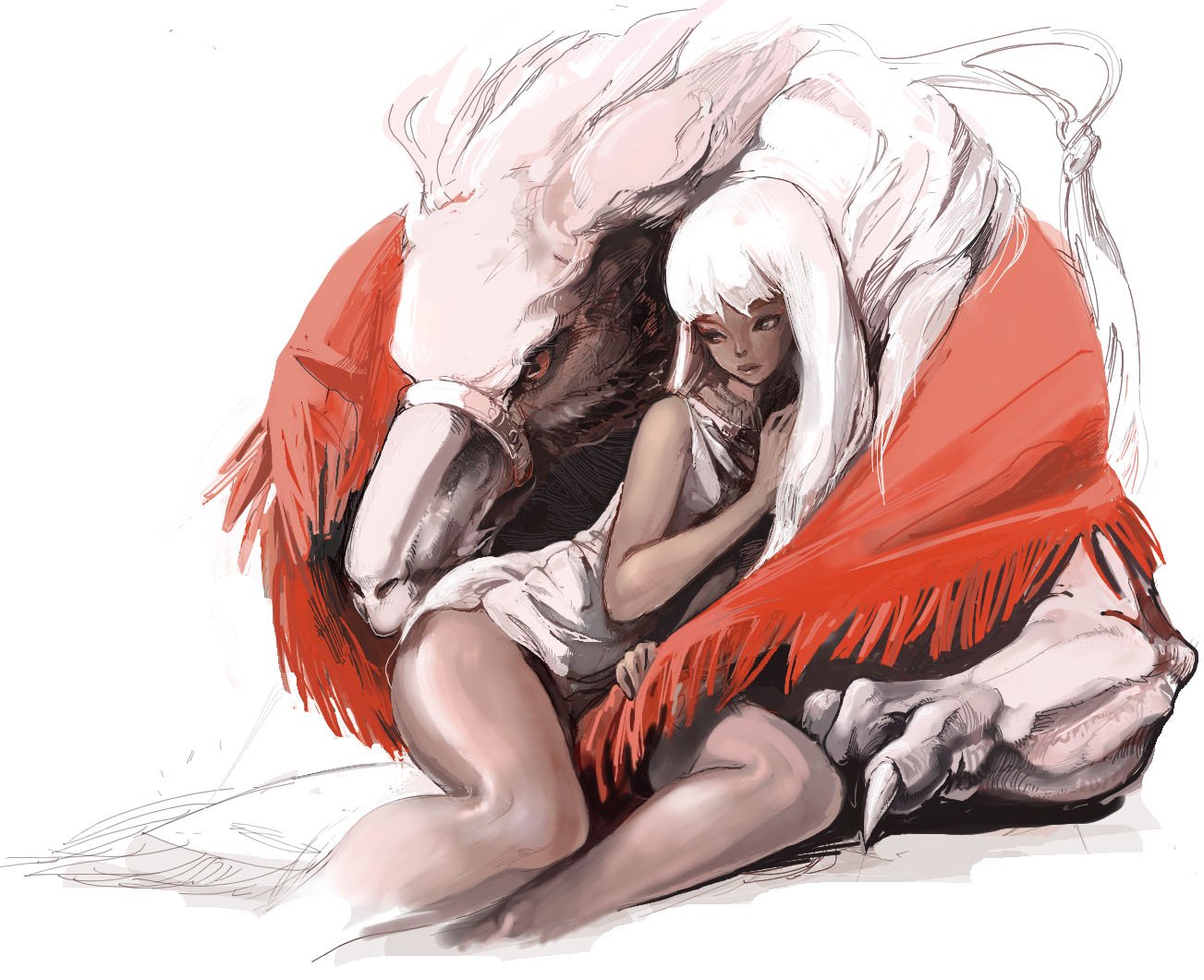 deri (dericom), tagme, blanket, dark-skinned female, dark skin, dragon, monster, solo, white hair