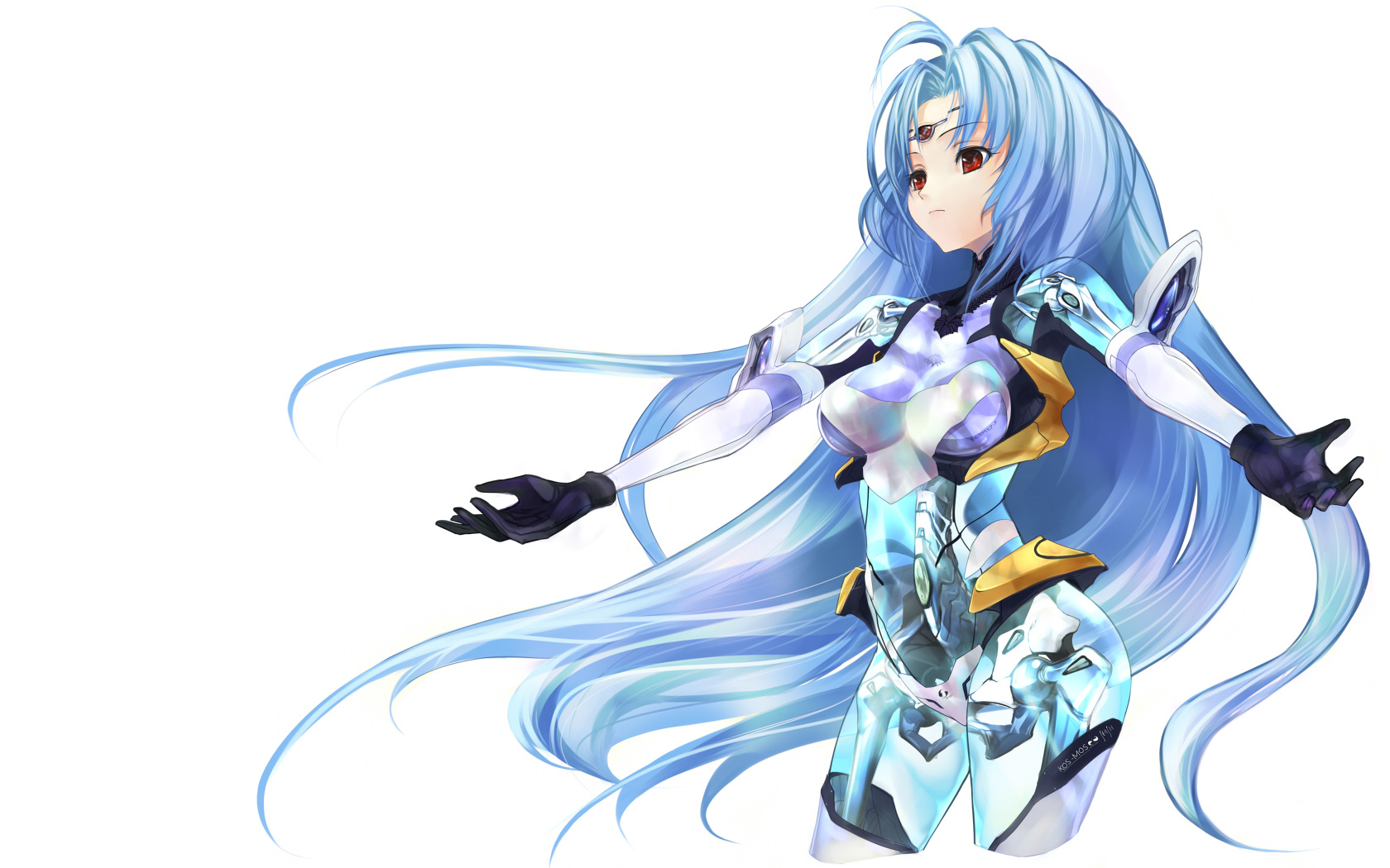 pupps, kos-mos, xenosaga, xenosaga episode ii, highres, 00s, 1girl, blue hair, breasts, female focus, long hair, red eyes, simple background, solo, translucent, transparent, white background