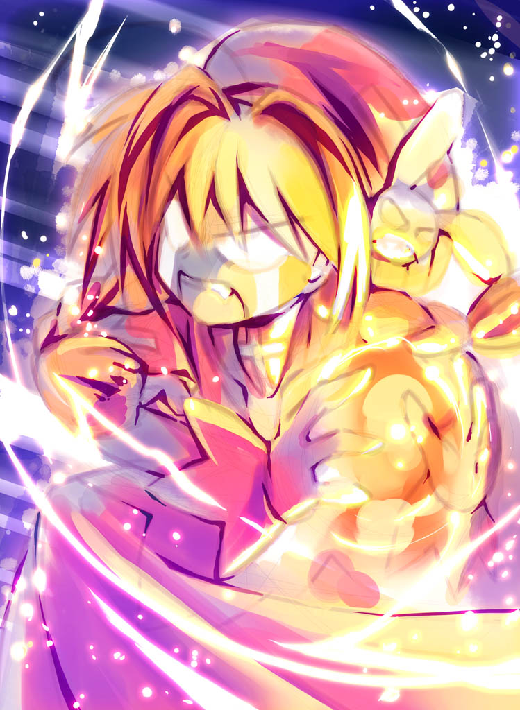 rei (artist), rei (rei's room), vita (nanoha), lyrical nanoha, mahou shoujo lyrical nanoha, mahou shoujo lyrical nanoha a's, >:d, 00s, 1girl, :d, beret, blonde hair, blood, blood from mouth, bow, bowtie, clenched teeth, crying, dress, empty eyes, female focus, fire, hat, long sleeves, magic, open mouth, red bow, red bowtie, red dress, smile, solo, standing, streaming tears, tears, teeth, upper body, v-shaped eyebrows