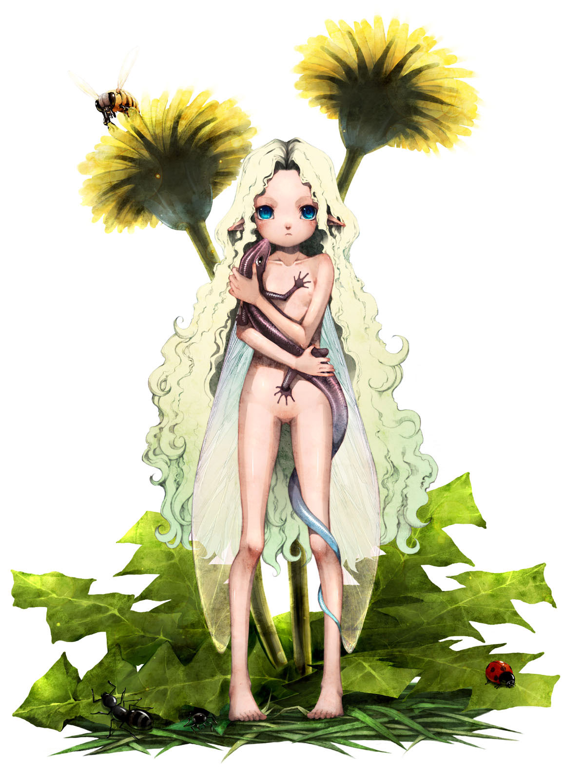 chiyono nanimaru, nc, original, bad id, bad pixiv id, highres, ant, barefoot, bee, blonde hair, blue eyes, bug, dandelion, fairy, flower, grass, insect, ladybug, lizard, long hair, mini person, minigirl, nude, pointy ears, solo, wings