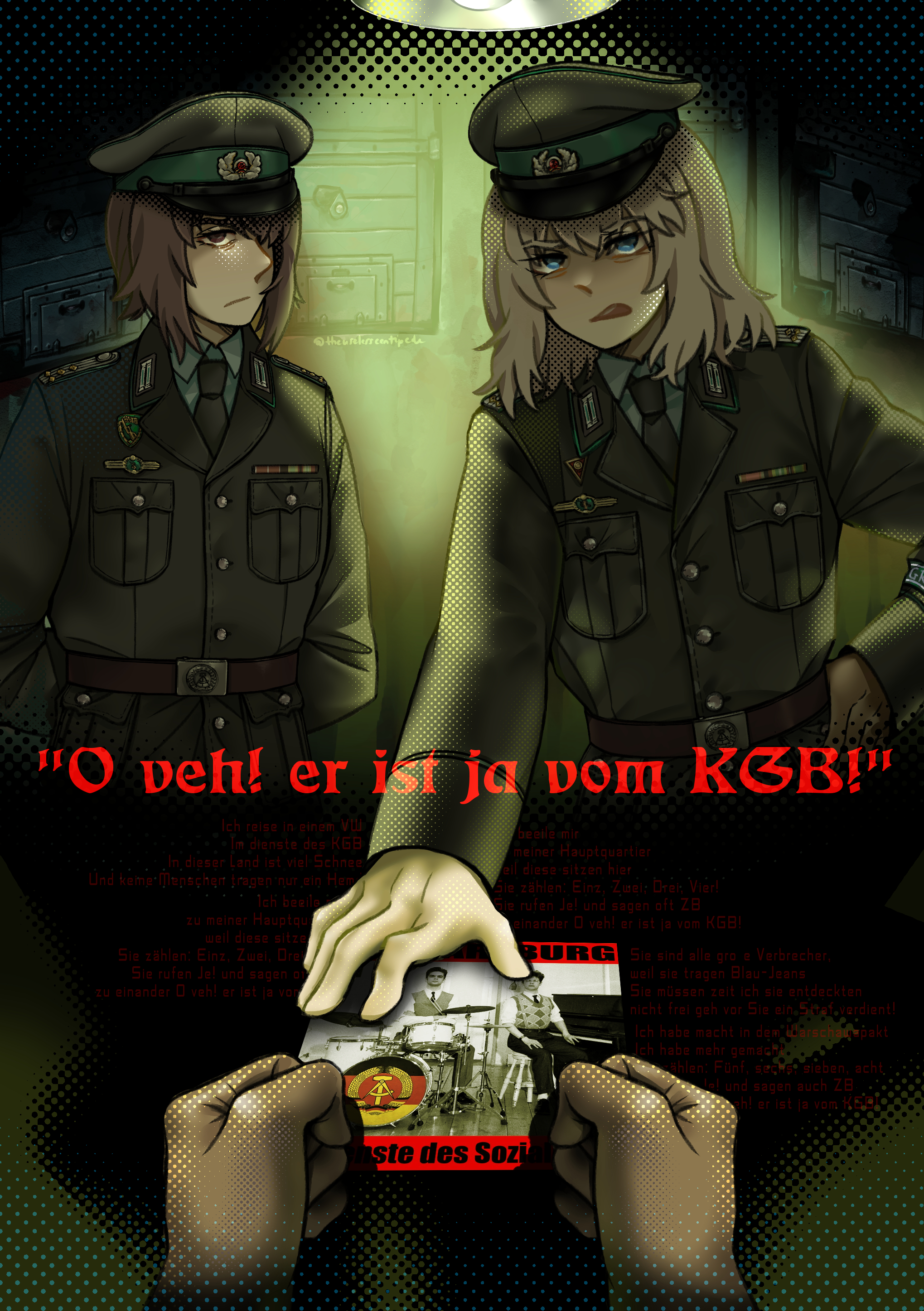 useless centipde, itsumi erika, nishizumi maho, girls und panzer, 1other, 2girls, album cover, badge, black neckerchief, clenched hand, cover, east germany, frown, german text, grey jacket, hand on table, hands on table, hat, ifa warburg, interrogation droid, jacket, lamp, military dress uniform, military uniform, multiple girls, neckerchief, peaked cap, shirt, white shirt