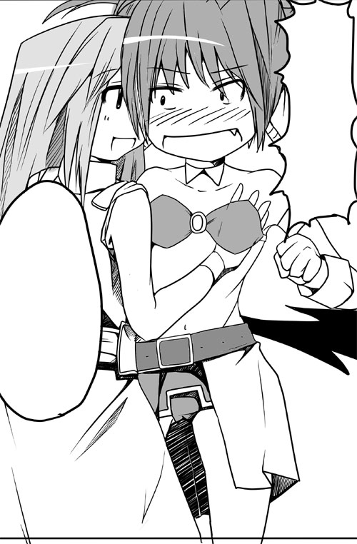 ruku (alicecreation), agito, agito (nanoha), reinforce zwei, lyrical nanoha, mahou shoujo lyrical nanoha, mahou shoujo lyrical nanoha strikers, 00s, 2girls, blank speech bubble, breasts, grabbing another's breast, greyscale, groping, monochrome, multiple girls, small breasts, speech bubble, you gonna get raped, yuri