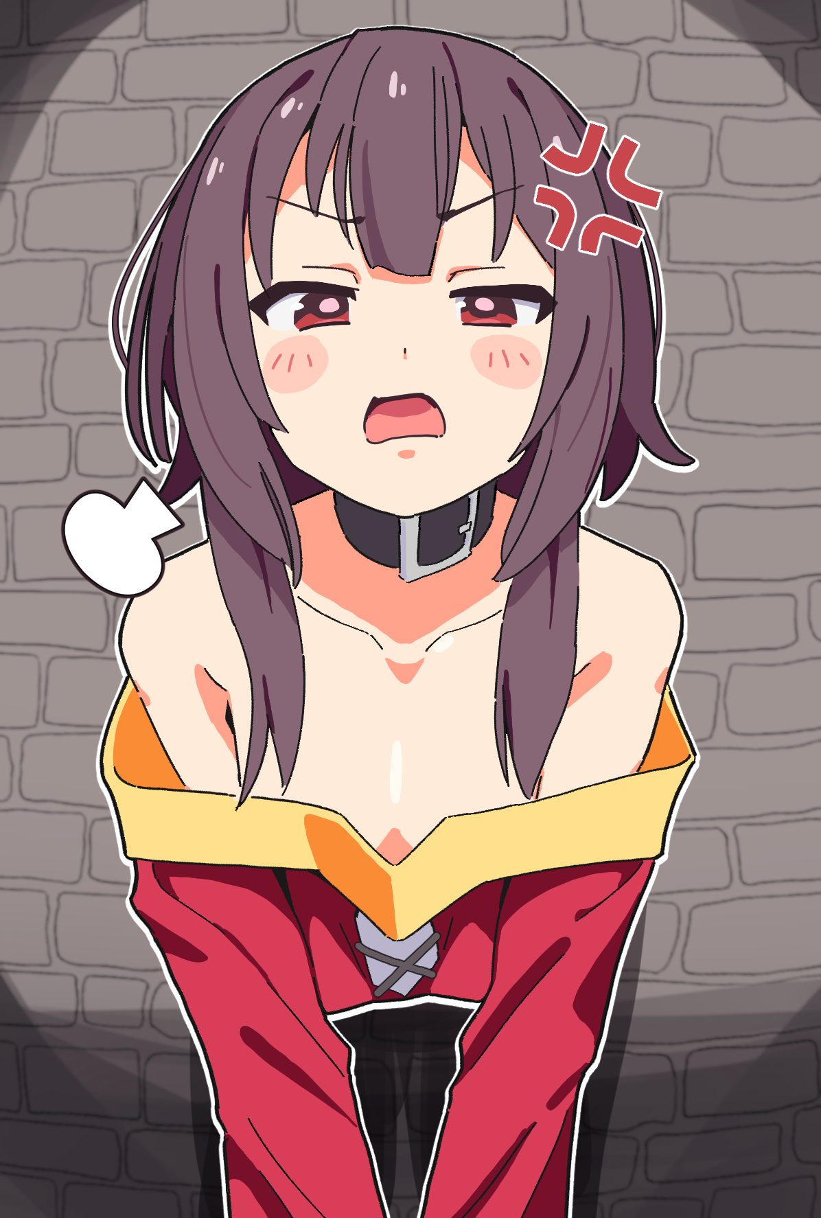 noyama takenoko, megumin, kono subarashii sekai ni shukufuku wo!, commentary, highres, 1girl, anger vein, black collar, blush stickers, brick wall, brown hair, collar, collarbone, dress, long sleeves, looking at viewer, no headwear, off-shoulder dress, off shoulder, open mouth, outline, puff of air, red dress, red eyes, solo, stuck, through wall, upper body, white outline