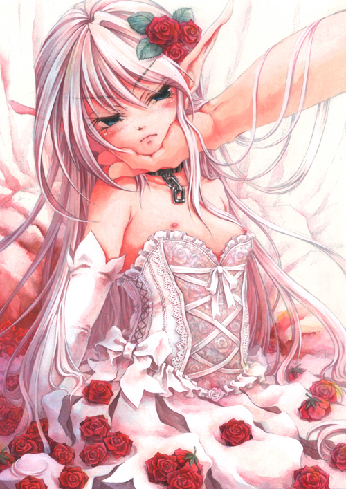 kajiya (kindergarten21), kaziya, original, acrylic paint (medium), painting (medium), traditional media, 1girl, albino, annoyed, blue eyes, blush, breasts, bustier, chain, collar, dress, elbow gloves, eyelashes, flower, frown, gloves, grabbing another's chin, hair flower, hair ornament, hand on another's chin, lingerie, lips, loli, long hair, nipples, pointy ears, red flower, red rose, rose, small nipples, solo focus, underwear, very long hair, wedding dress, white hair