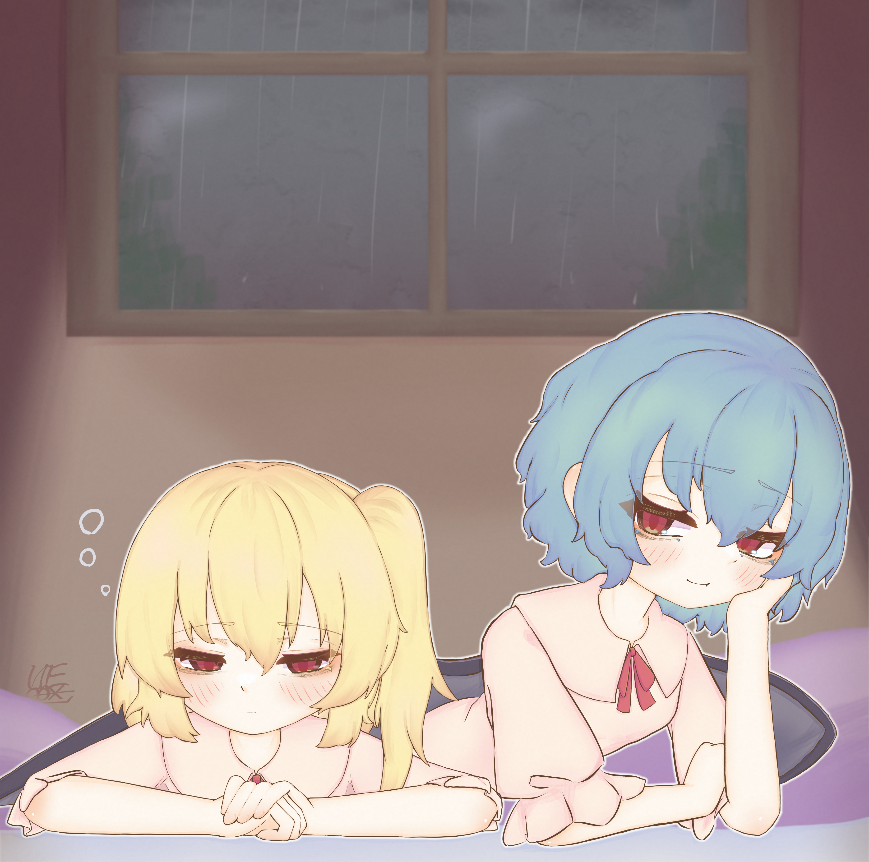 flandre scarlet, remilia scarlet, touhou, absurdres, highres, 2girls, artist name, blonde hair, closed mouth, frilled sleeves, frills, hair between eyes, hair ribbon, half-closed eyes, hand on own cheek, hand on own face, looking at another, lying, multiple girls, nana ex77, neck ribbon, on stomach, one side up, pink shirt, purple hair, rain, red eyes, red ribbon, ribbon, shared blanket, shirt, short hair, short sleeves, signature, sleepy, smile, squeans, under covers, window
