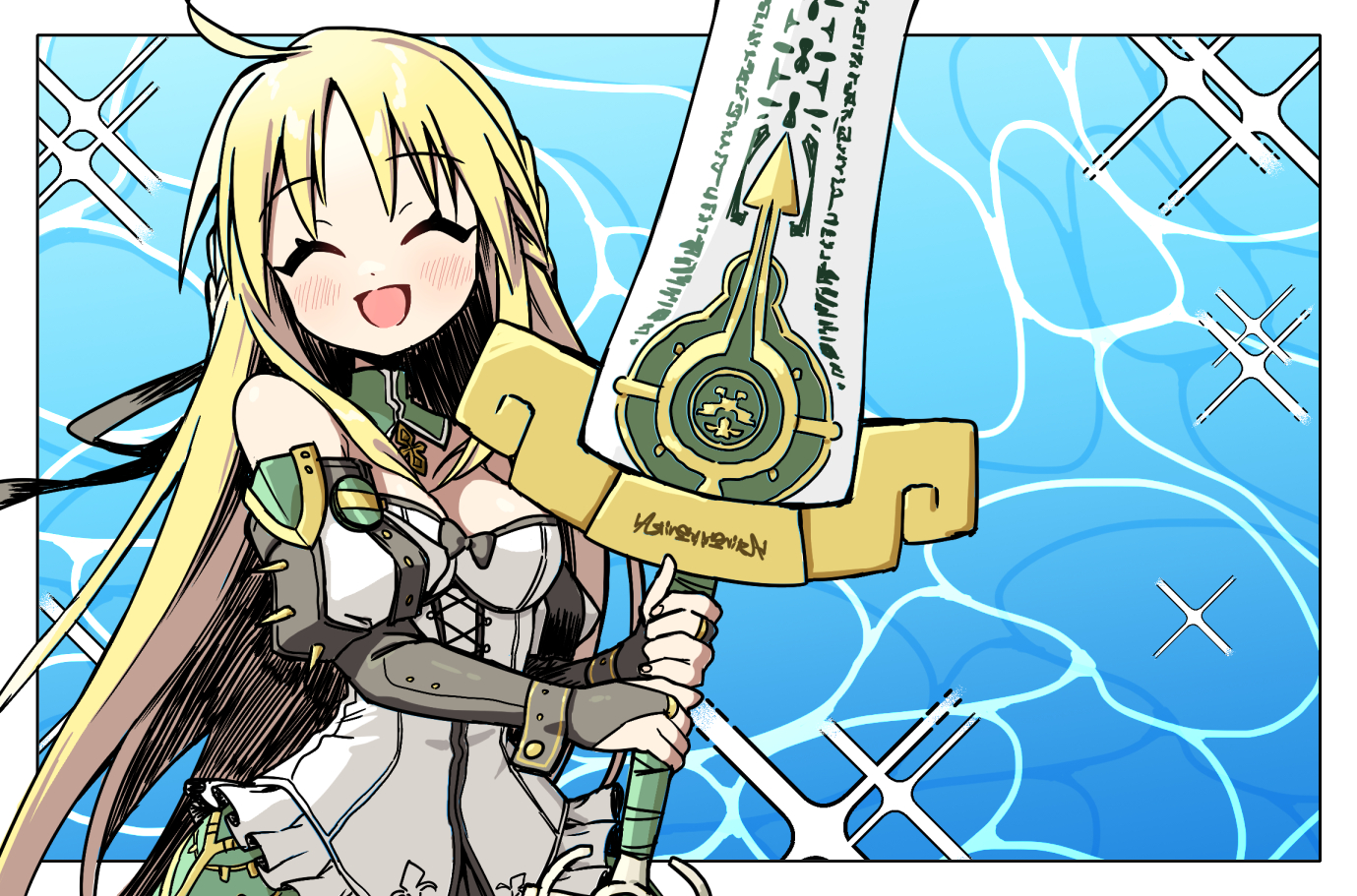 mei mu, yggdra yuril artwaltz, gloria union, yggdra union, check commentary, commentary request, 1girl, :d, ^ ^, ahoge, bare shoulders, black bow, black ribbon, black wrist cuffs, blonde hair, border, bow, braid, breasts, bridal gauntlets, cleavage, closed eyes, collar, corset, cross pendant, detached sleeves, gran centurio, green collar, hair ribbon, holding, holding sword, holding weapon, huge weapon, light blush, long hair, medium breasts, ocean, open mouth, ribbon, runes, side braid, sidelocks, smile, solo, sparkle, sword, weapon, white border, white corset, wrist cuffs