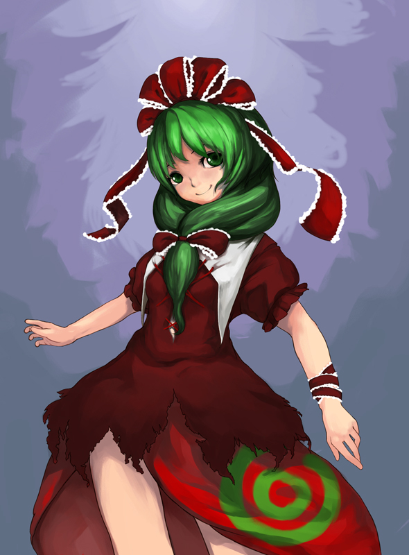 laboto, kagiyama hina, touhou, 1girl, blush, cowboy shot, dress, female focus, frills, front ponytail, gloves, green hair, looking at viewer, puffy short sleeves, puffy sleeves, red dress, shawl, short hair, short sleeves, solo, standing, wrist cuffs