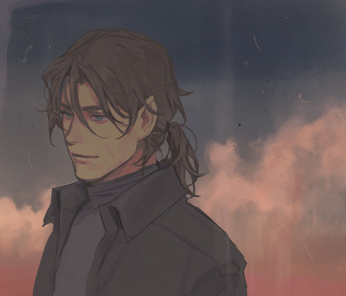 huangdanlan, lockon stratos, gundam, gundam 00, commentary, 1boy, black jacket, brown hair, closed mouth, cloud, grey eyes, grey shirt, hair between eyes, jacket, looking ahead, male focus, ponytail, shirt, solo, upper body