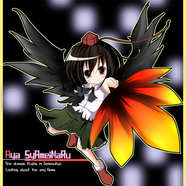 jum (artist), jum (parallel parasol), shameimaru aya, touhou, 1girl, black hair, black skirt, black wings, blush, female focus, foreshortening, full body, hand fan, hat, leaf fan, looking at viewer, puffy short sleeves, puffy sleeves, shirt, short hair, short sleeves, skirt, solo, tareme, tassel, tokin hat, white shirt, wings