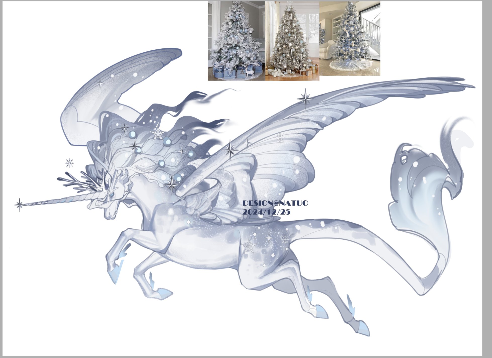 tianlang fenghuo, original, highres, animalization, christmas ornaments, feathered wings, full body, hair ornament, hooves, horns, mane, monster, no humans, photo inset, reference inset, simple background, single horn, snowflake hair ornament, solo, tail, white background, white eyes, winged unicorn, wings
