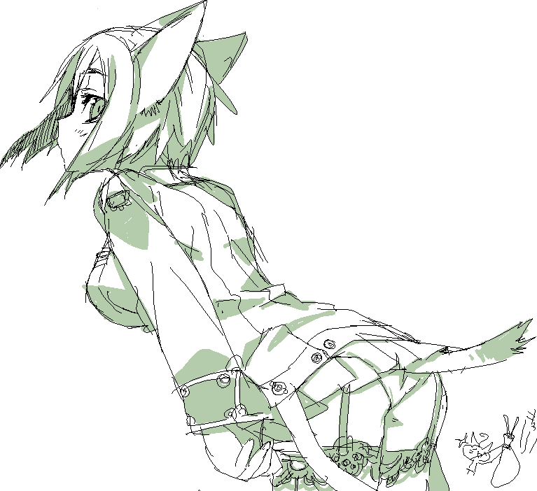 bunbun, 1girl, animal ears, female focus, frilled thighhighs, frills, garter straps, green theme, jacket, leaning forward, looking back, monochrome, oekaki, panties, pantyshot, short hair, simple background, skirt, solo, tail, thighhighs, underwear, upskirt