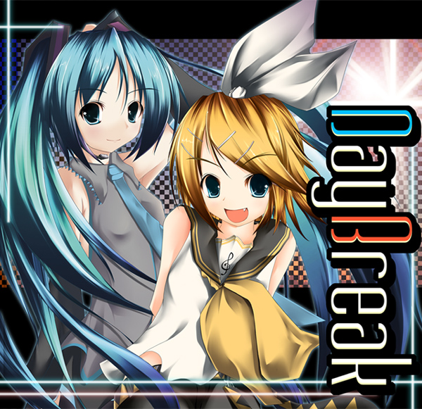 jum (artist), jum (parallel parasol), hatsune miku, kagamine rin, vocaloid, 2girls, :d, blonde hair, blue eyes, blue hair, blush, detached sleeves, hair ribbon, hairband, long hair, long sleeves, looking at viewer, multiple girls, open mouth, ribbon, sailor collar, school uniform, serafuku, shirt, short hair, smile, text focus, upper body, very long hair, white ribbon, white shirt