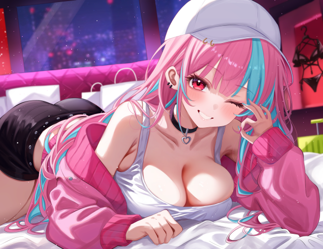 sa-ya2, original, second-party source, 1girl, armpit crease, ass, bag, bare shoulders, baseball cap, bed sheet, black choker, black skirt, blue hair, blue nails, blush, breasts, building, cardigan, choker, city, cleavage, clothes hanger, collarbone, ear piercing, fingernails, grin, hat, heart, heart choker, indoors, large breasts, long hair, long sleeves, looking at viewer, lying, multicolored hair, nail polish, night, on stomach, one eye closed, open cardigan, open clothes, piercing, pink cardigan, pink eyes, pink hair, pink nails, shopping bag, skirt, smile, solo, streaked hair, tank top, thighs, two-tone hair, white bag, white hat, white tank top, window