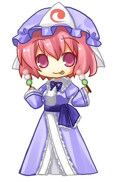 yuzuki (yuduame), saigyouji yuyuko, touhou, bad id, bad pixiv id, 1girl, chibi, dango, female focus, food, hat, looking at viewer, no pupils, pink eyes, pink hair, sanshoku dango, simple background, skewer, solo, tongue, tongue out, wagashi, white background