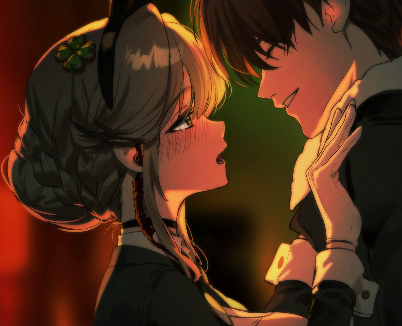 black joa, ade (agent bunny) (nikke), ade (nikke), commander (nikke), goddess of victory: nikke, 1girl, animal ear hairband, animal ears, black choker, black jacket, blonde hair, blurry, blurry background, blush, choker, clover hair ornament, fake animal ears, four-leaf clover hair ornament, from side, gloves, green eyes, hair ornament, hairband, headset, jacket, looking at another, necktie, open mouth, rabbit ear hairband, rabbit ears, sidelocks, white gloves