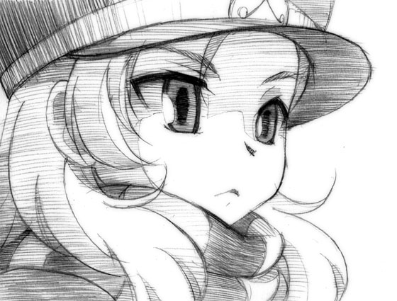 gofu, chiaki (shigofumi), shigofumi, traditional media, 00s, 1girl, female focus, greyscale, hat, monochrome, scarf, shako cap, sketch, solo, striped clothes, striped scarf