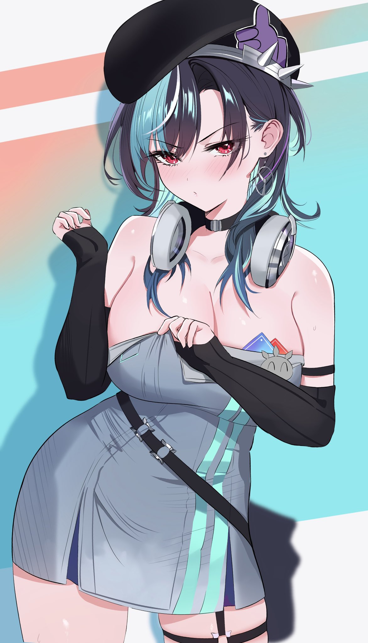 kinkikids753, rindo chihaya, hololive, hololive dev is, highres, 1girl, bare shoulders, beret, black choker, black hair, black hat, black sleeves, blue hair, blush, breasts, choker, cleavage, detached sleeves, dress, earrings, grey dress, hat, headphones, headphones around neck, jewelry, multicolored hair, red eyes, sleeves past wrists, solo, strapless, strapless dress, streaked hair, virtual youtuber