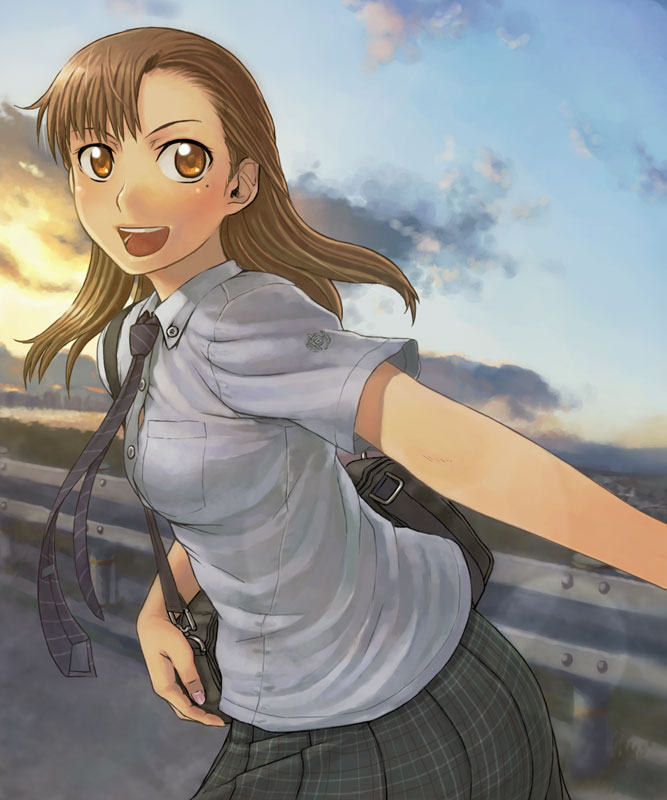 itou (onsoku tassha), 1girl, brown eyes, brown hair, female focus, mole, mole under eye, school uniform, serafuku, solo