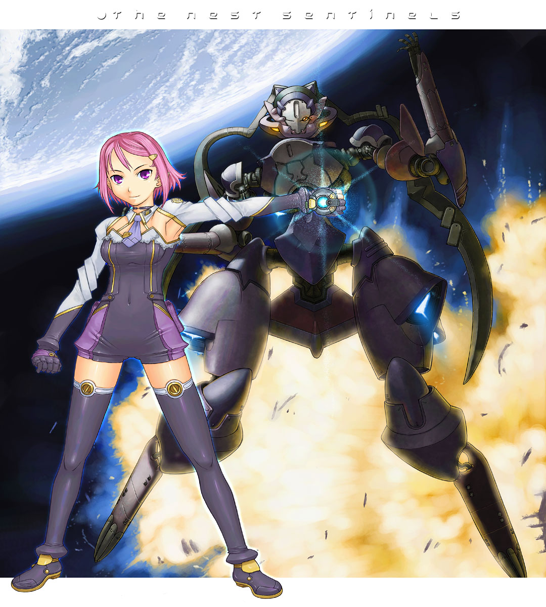 itou (onsoku tassha), bad id, bad pixiv id, highres, boots, mecha, pink eyes, pink hair, robot, solo, thigh boots, thighhighs