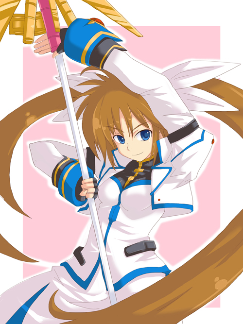 yude, raising heart, raising heart (exceed mode), takamachi nanoha, takamachi nanoha (exceed mode), lyrical nanoha, mahou shoujo lyrical nanoha, mahou shoujo lyrical nanoha strikers, uniform, 00s, 1girl, black gloves, blue eyes, border, brown hair, cowboy shot, dress, female focus, fingerless gloves, gloves, holding, holding weapon, lance, long hair, long sleeves, looking at viewer, magical girl, polearm, solo, twintails, very long hair, weapon, white dress