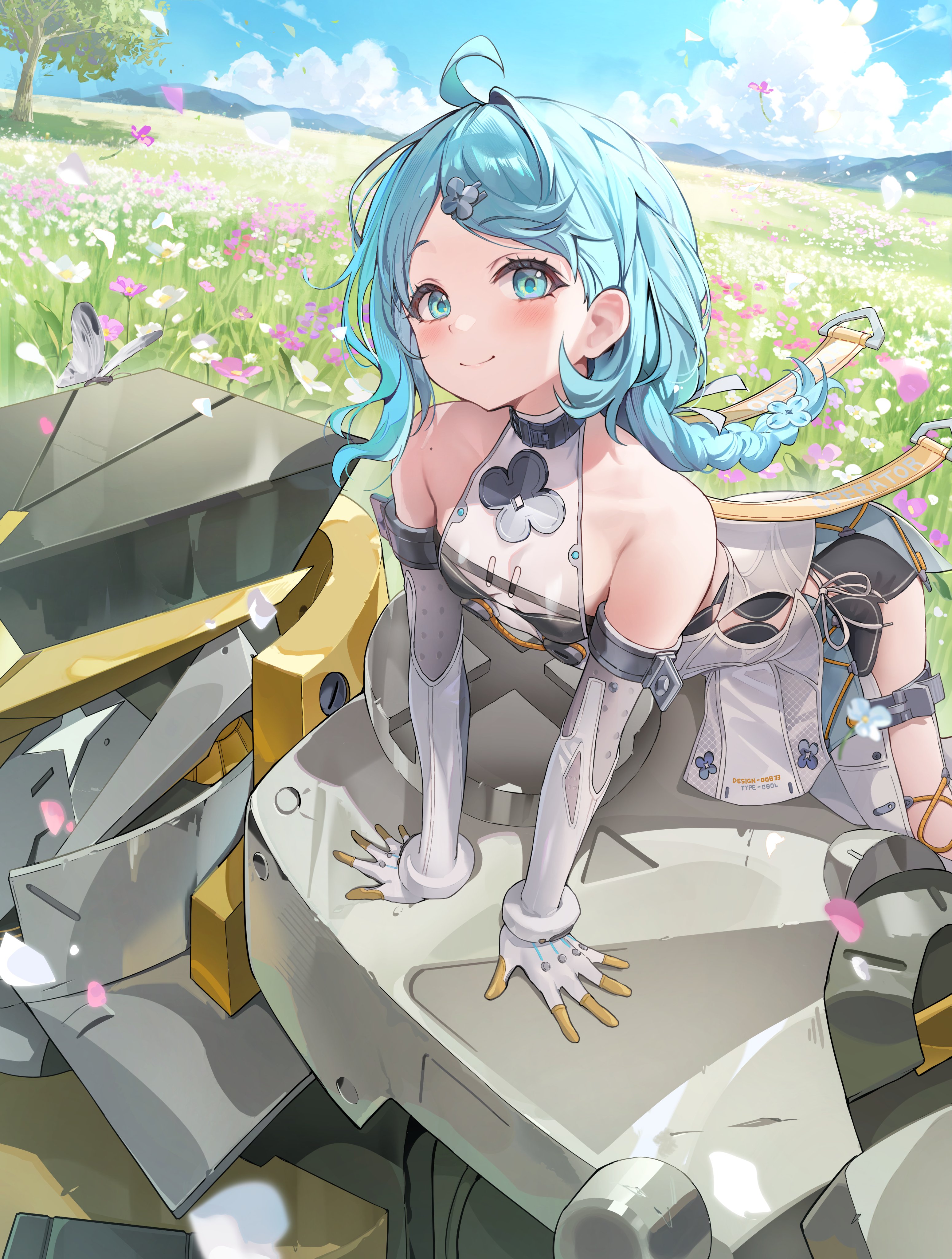 huwari (dnwls3010), seed (zenless zone zero), seed sr., zenless zone zero, absurdres, highres, 1girl, 1other, aqua eyes, bare shoulders, blue sky, breasts, bug, butterfly, closed mouth, clothing cutout, cloud, cloudy sky, elbow gloves, floating hair, flower, gloves, insect, looking at viewer, mecha, mole, mole on shoulder, outdoors, robot, sky, small breasts, smile, two-tone gloves, white gloves