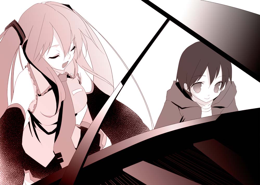 tatami to hinoki, hatsune miku, vocaloid, bad id, bad pixiv id, 1boy, 1girl, grand piano, instrument, long hair, monochrome, piano, pink theme, short hair, twintails