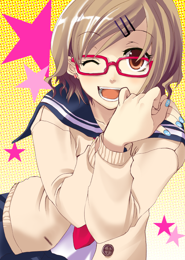 tatami to hinoki, original, bad id, bad pixiv id, 1girl, blue nails, brown eyes, brown hair, cardigan, female focus, glasses, heart, nail art, nail polish, one eye closed, open mouth, red-framed eyewear, red eyes, school uniform, serafuku, short hair, smile, solo, wink