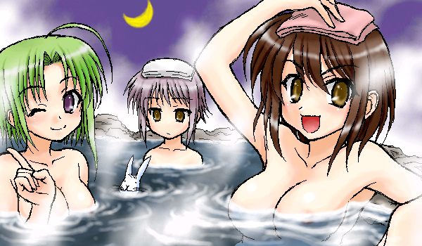 peter (artist), nagato yuki, shigure asa, suzumiya haruhi, shuffle!, suzumiya haruhi no yuuutsu, 00s, 3girls, breasts, crossover, flat chest, large breasts, multiple girls, onsen