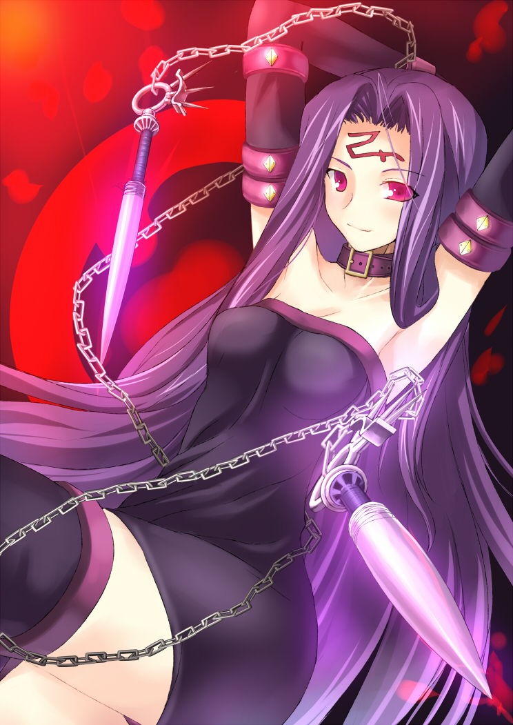 moejin, medusa (fate), medusa (rider) (fate), fate/stay night, fate (series), 00s, 1girl, chain, collar, dress, female focus, long hair, nameless dagger (fate), purple eyes, solo, strapless, strapless dress, thighhighs, very long hair