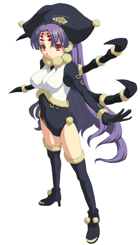 hino hikaru, noir (rance), rance (series), sengoku rance, fur, 1girl, :<, arthropod girl, arthropod limbs, black thighhighs, breasts, bug, female focus, hat, high heels, insect girl, large breasts, leotard, long hair, monster girl, multiple legs, pink eyes, purple hair, shoes, solo, spider, spider girl, thighhighs, very long hair