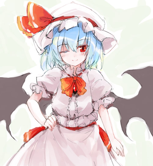 yukitarou (awamori), remilia scarlet, touhou, 1girl, female focus, hat, ribbon, sketch, solo, wings, wink