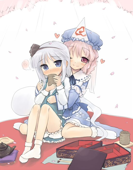 chaudlapin, konpaku youmu, konpaku youmu (ghost), saigyouji yuyuko, touhou, 2girls, bento, blush, cup, female focus, hat, hitodama, multiple girls, socks, tea, yuri
