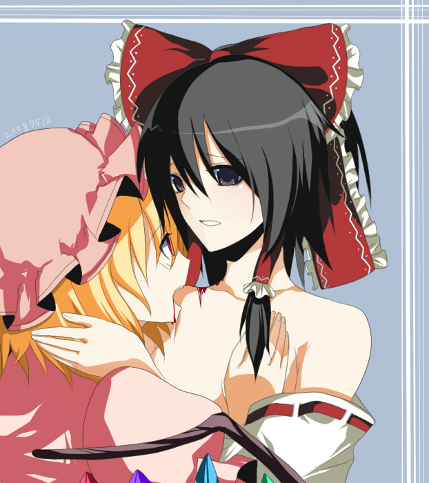 harano, flandre scarlet, hakurei reimu, touhou, 2girls, black hair, blonde hair, blood, female focus, multiple girls, vampire, wings