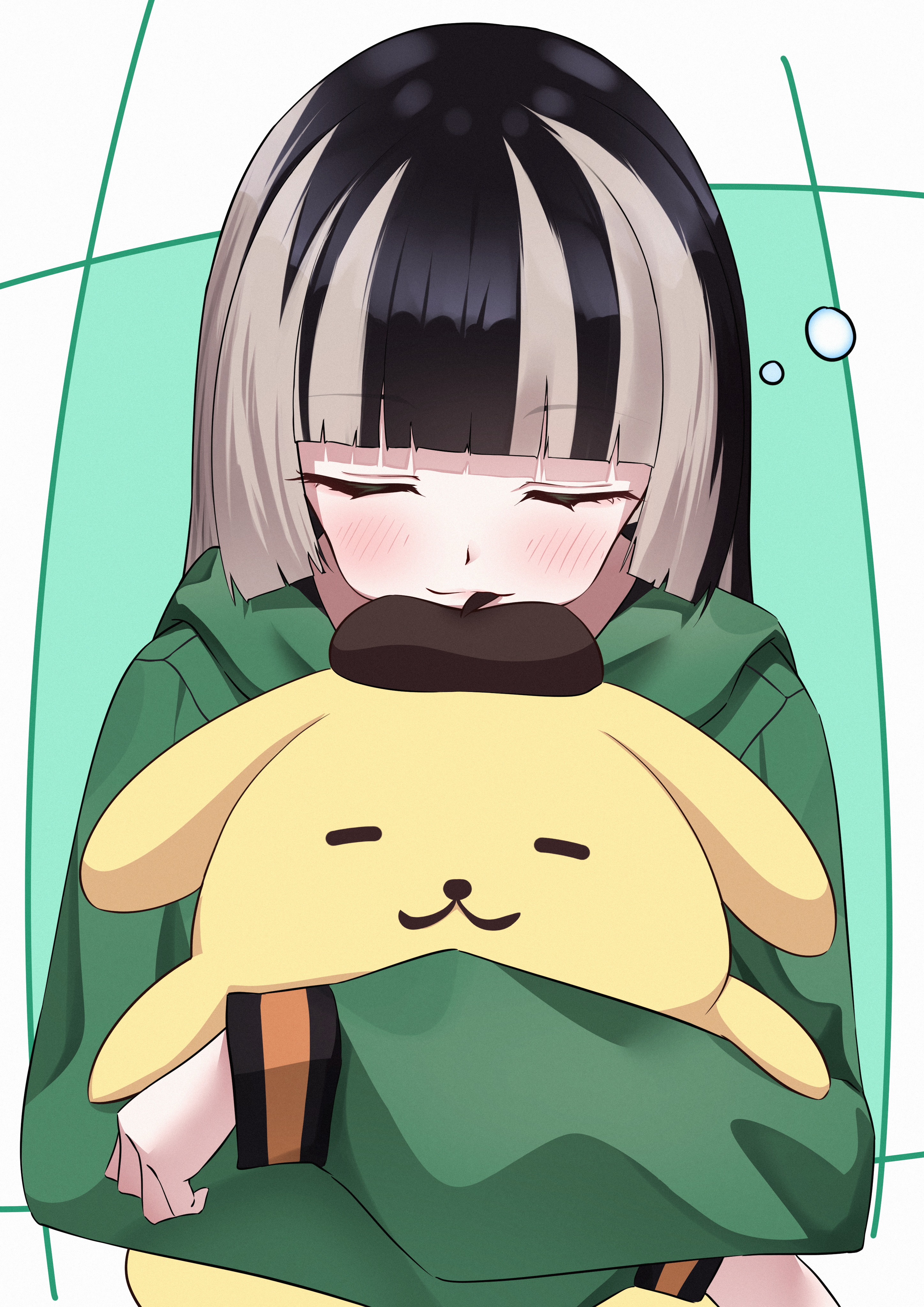 ilie ilie, juufuutei raden, pompompurin, hololive, hololive dev is, absurdres, highres, 1girl, black hair, blunt bangs, closed eyes, closed mouth, green hoodie, grey hair, holding, hood, hoodie, hug, long sleeves, multicolored hair, sleeping, squeans, streaked hair, virtual youtuber